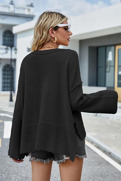 High-Low Slit Round Neck Sweater - Sweater