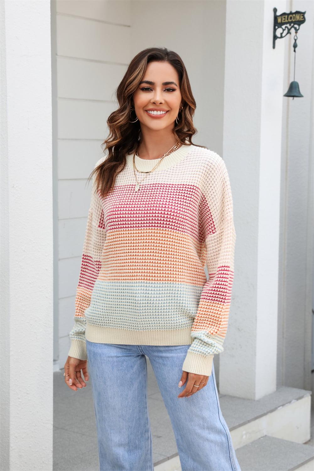 Waffle-Knit Round Neck Color Block Sweater - Sweater