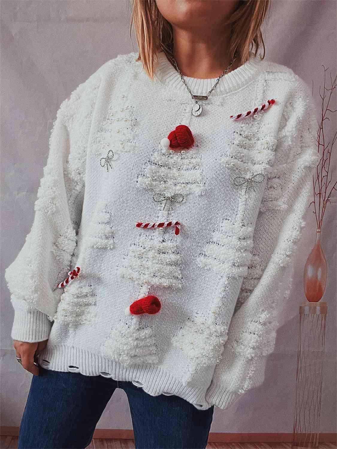 Pearl Detail Christmas Tree Sweater - Sweater