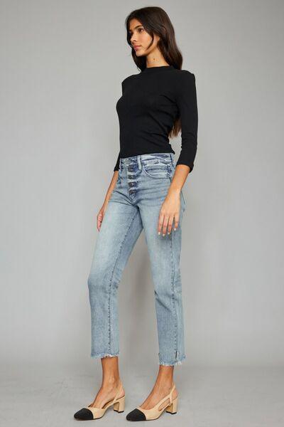 Kancan High Waist Raw Hem Cropped Straight Jeans - Jeans