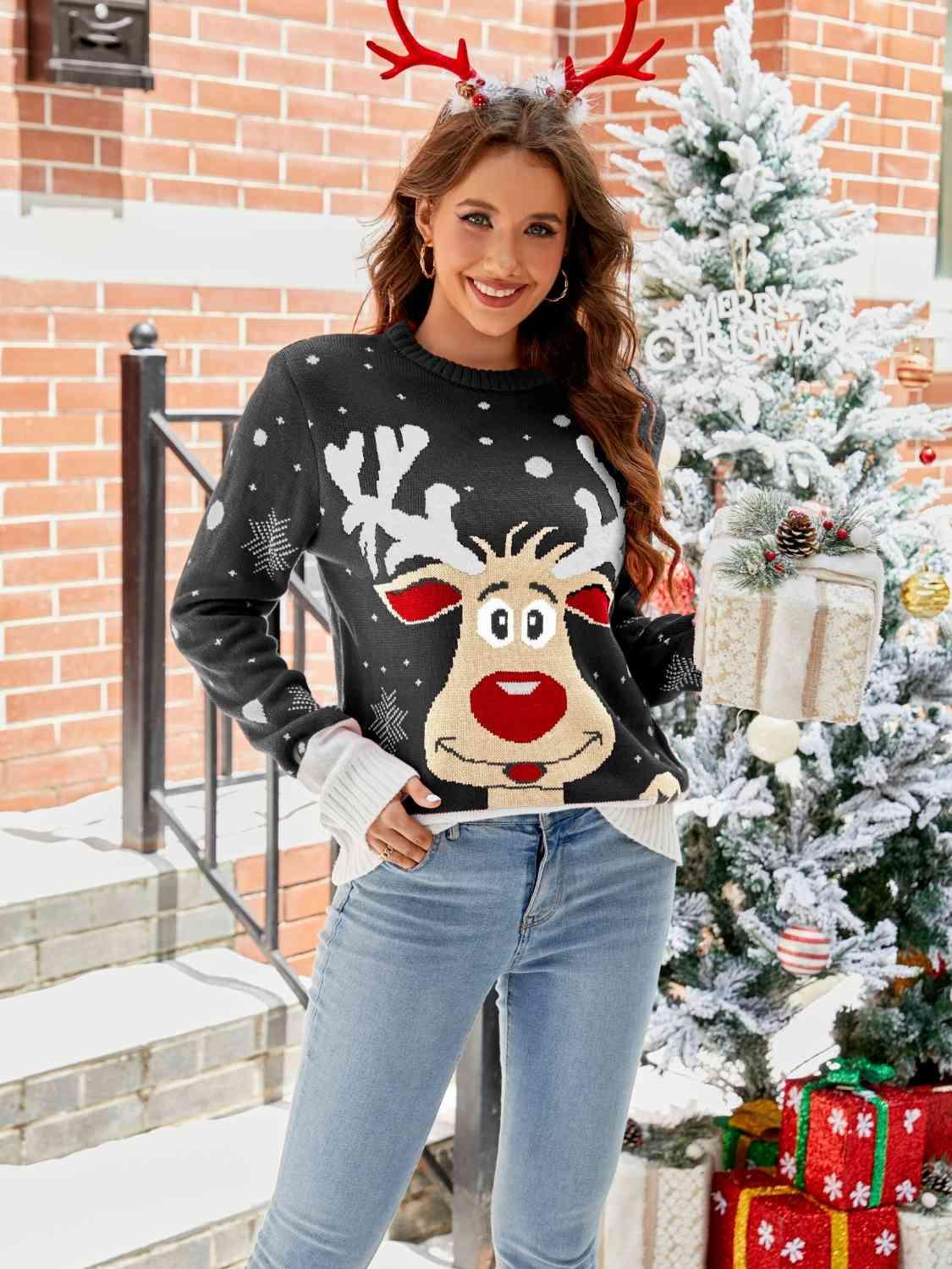 Christmas Reindeer Round Neck Sweater - Sweater