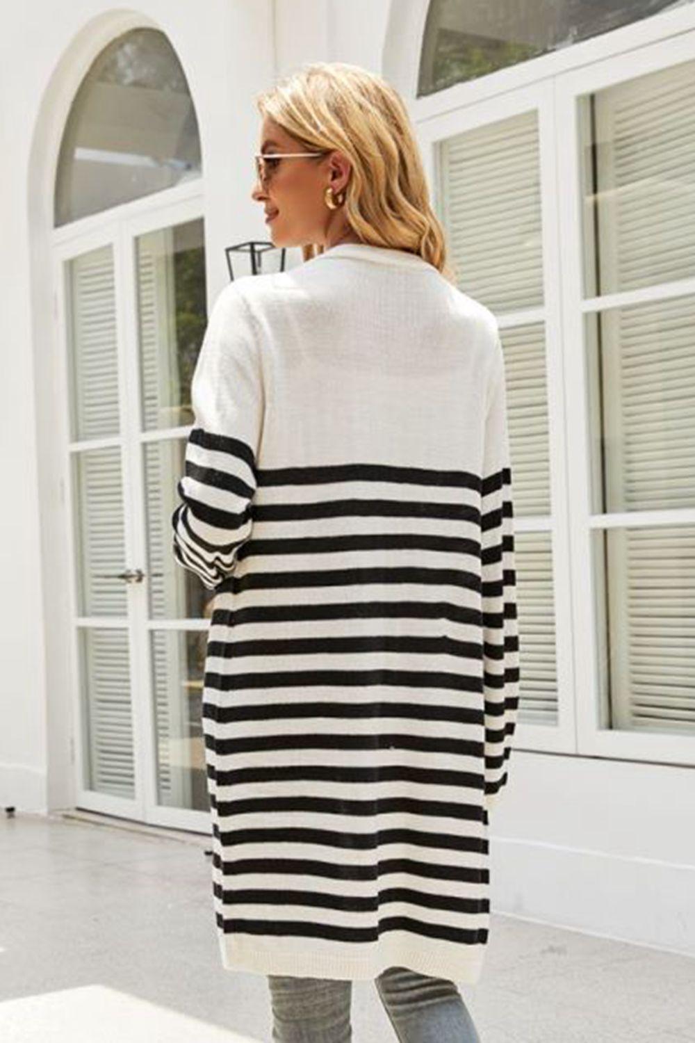 Striped Open Front Longline Cardigan - Cardigan