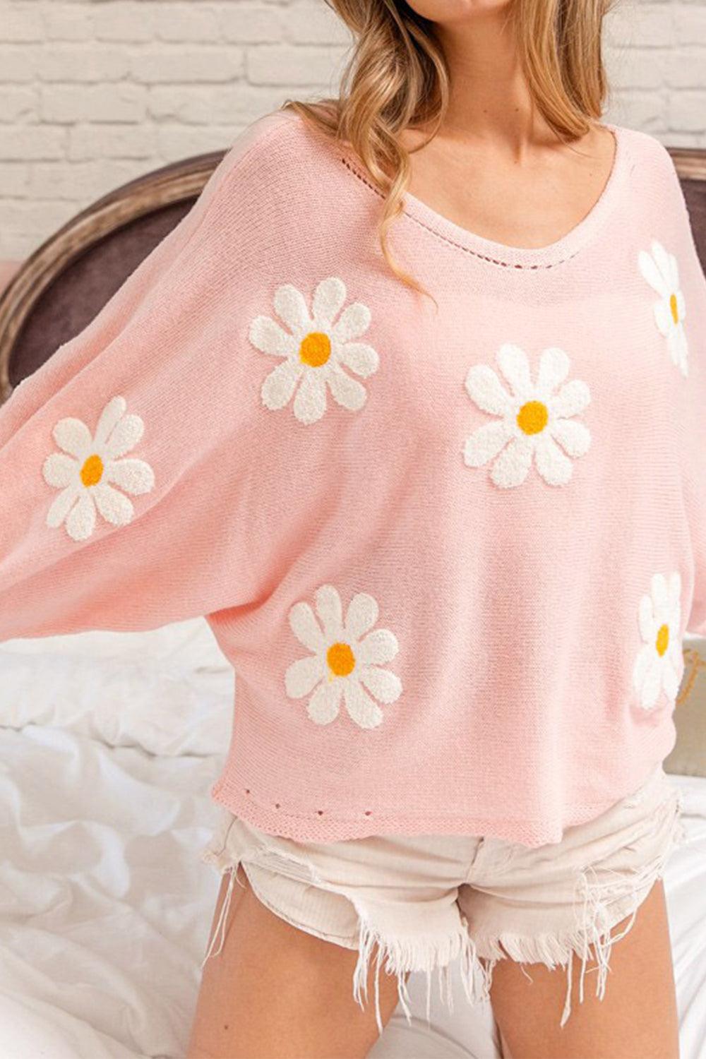 Flower Pattern Long Sleeve Wide Sleeve Sweater - Sweater