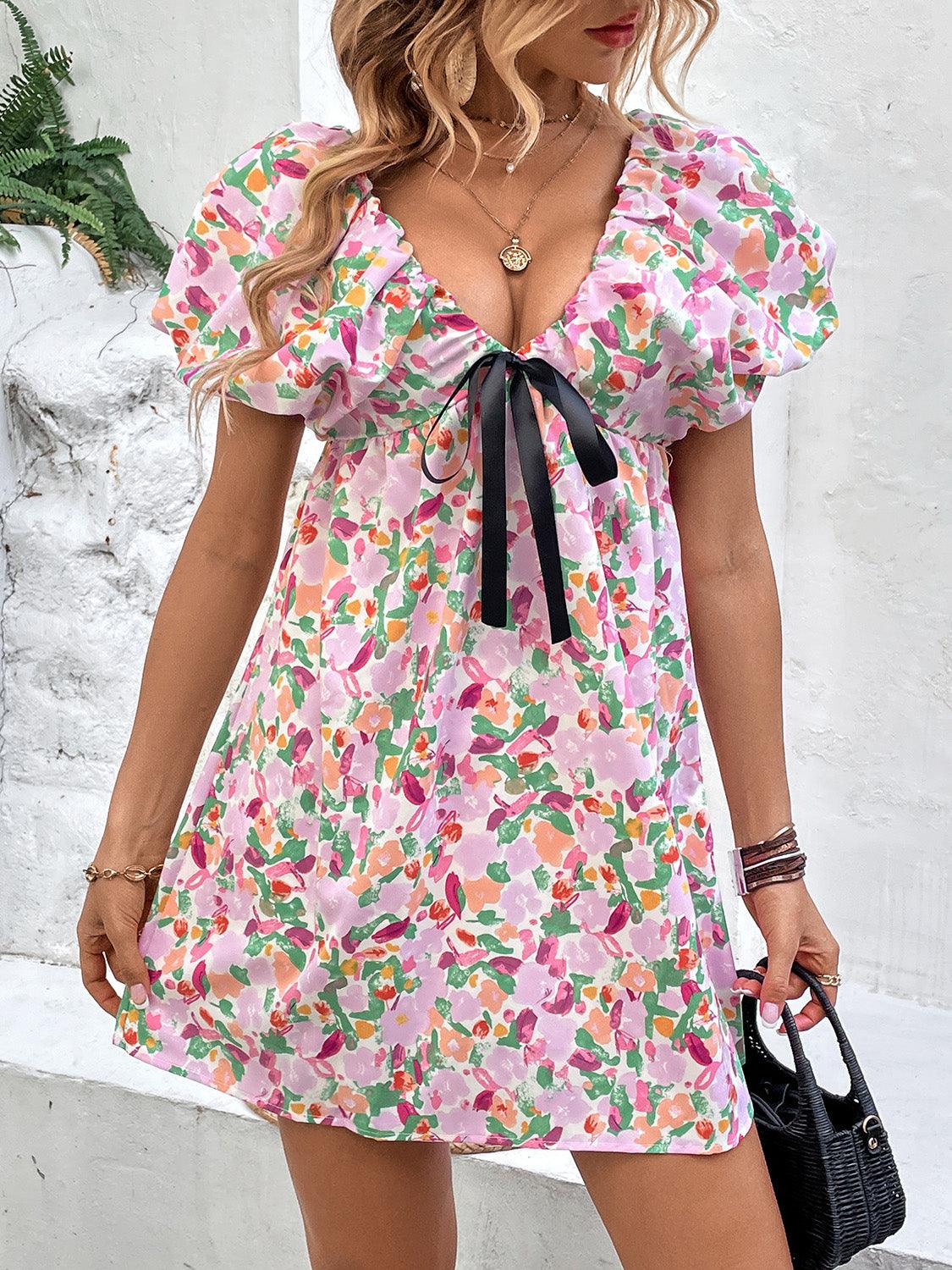 Printed V-Neck Puff Sleeve Mini Dress - Dresses