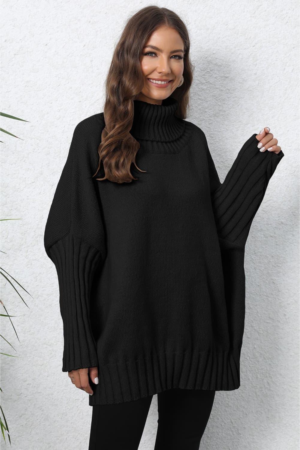 Turtle Neck Long Sleeve Ribbed Sweater - Sweater