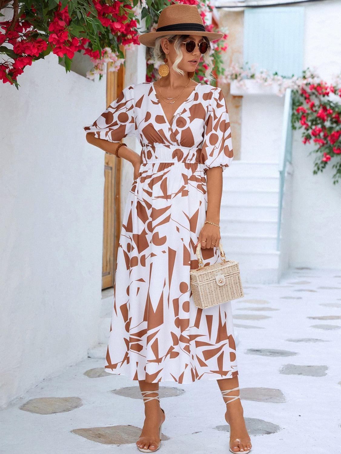 Printed Surplice V-Neck Balloon Sleeve Midi Dress - Dresses