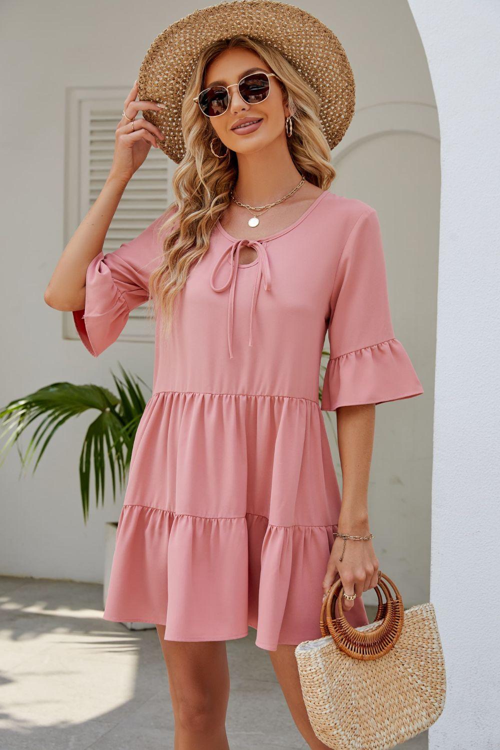 Tied Flounce Sleeve Tiered Mini Dress - Dresses