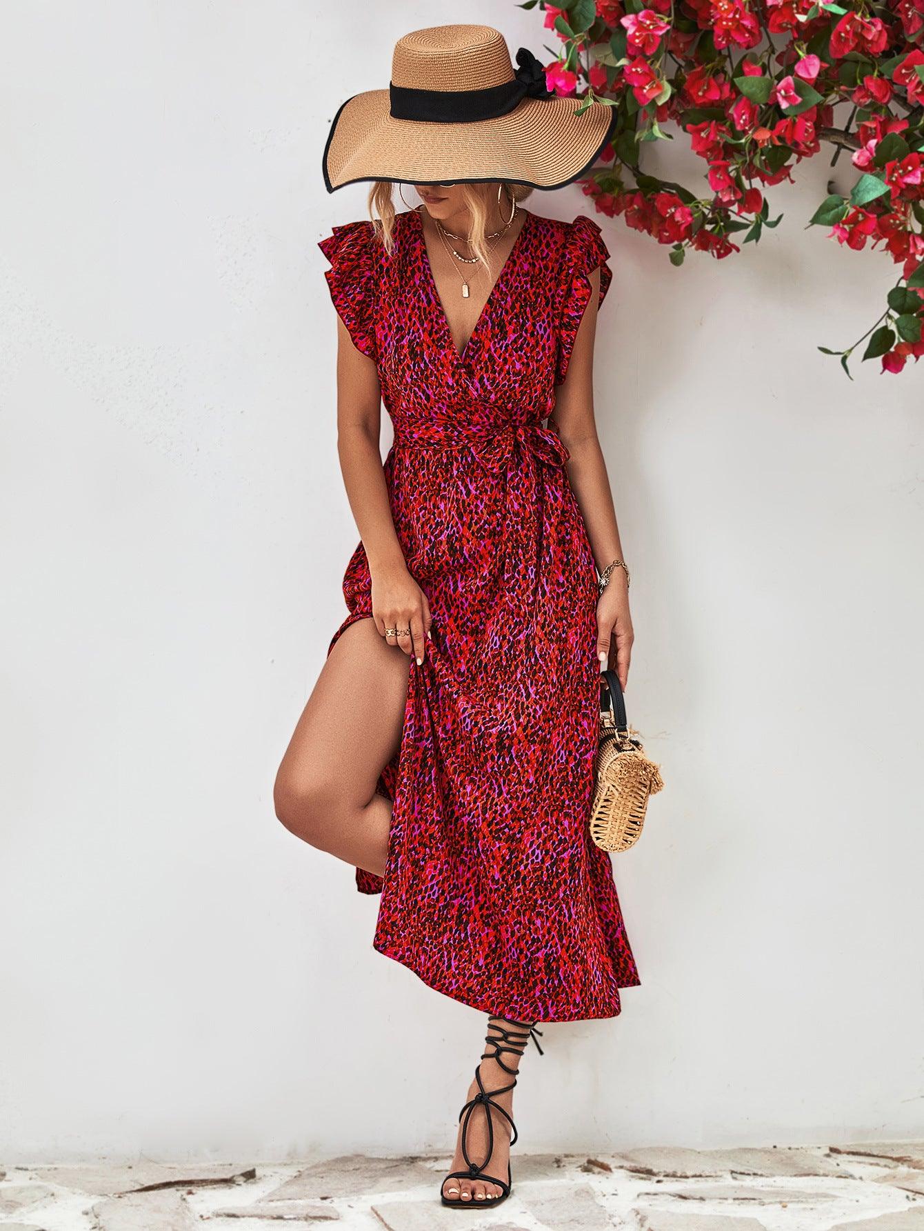 Printed Surplice V-Neck Flutter Sleeves Slit Midi Dress - Dresses