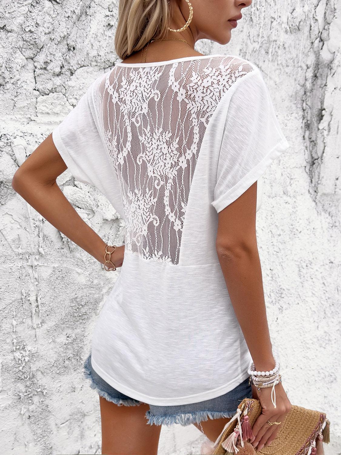 Ruched Plunge Short Sleeve Lace Top - Top