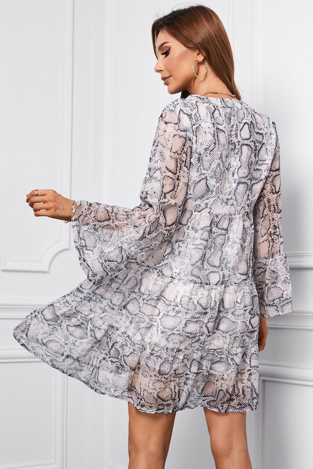 Printed Notched Neck Flare Sleeve Tiered Mini Dress - Dresses