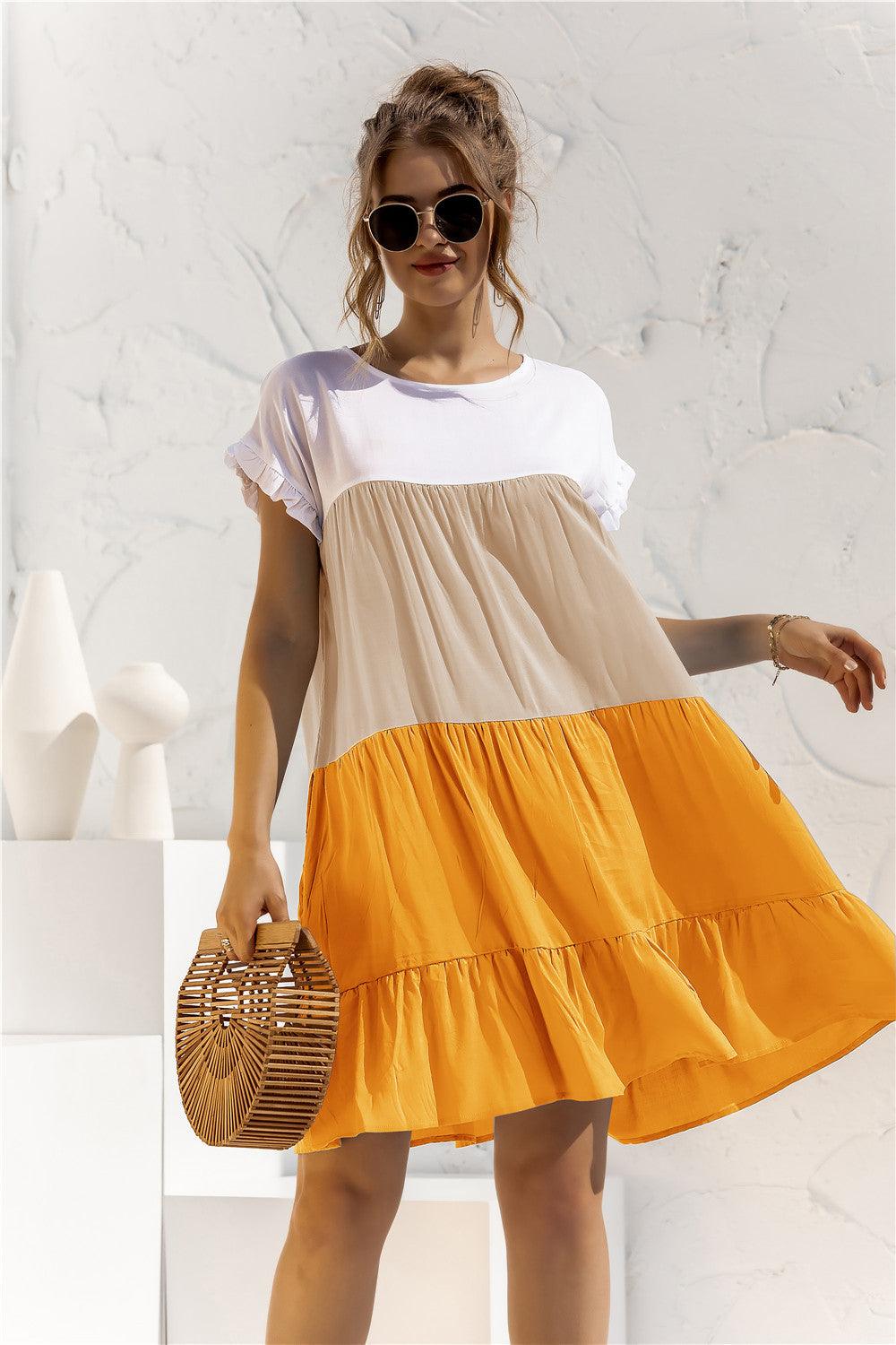 Color Block Round Neck Ruffle Hem Tiered Short Dress - Dresses