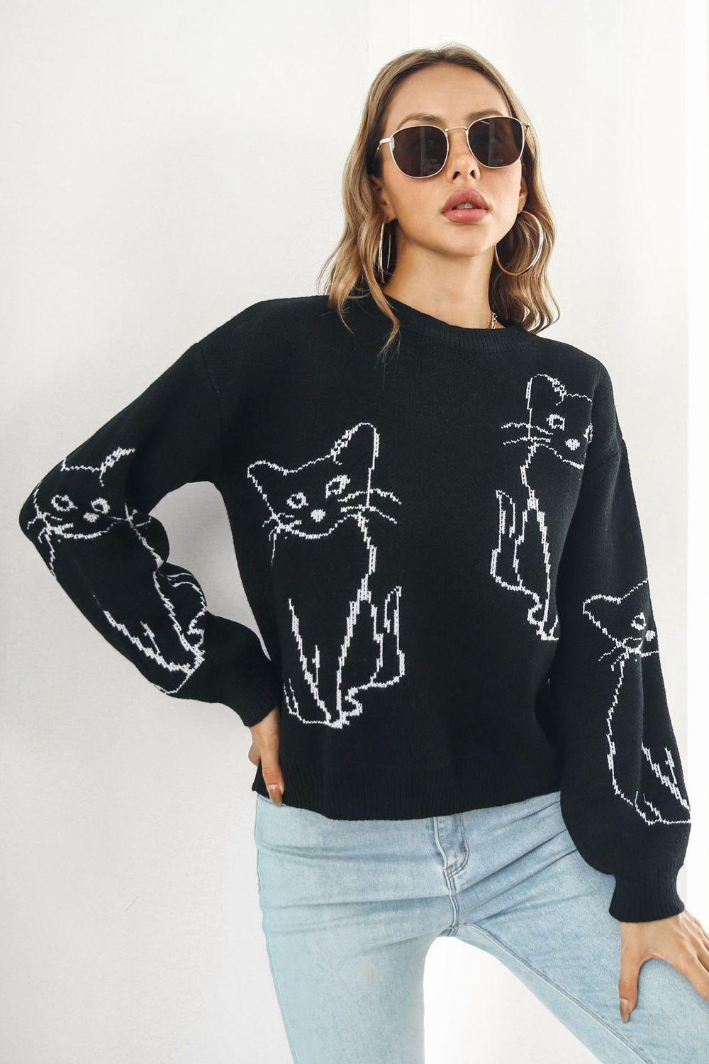 Cat Pattern Round Neck Dropped Shoulders Sweater - Sweater