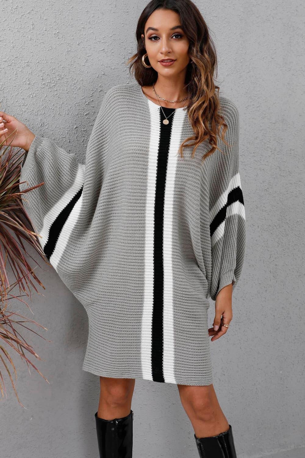 Ribbed Round Neck Long Sleeve Sweater Dress - Dresses