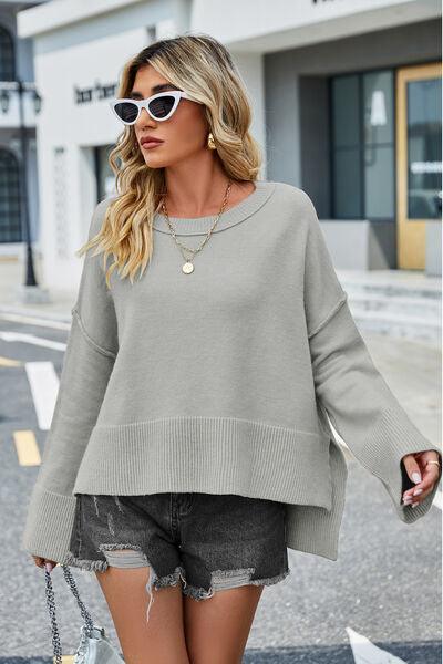 High-Low Slit Round Neck Sweater - Sweater