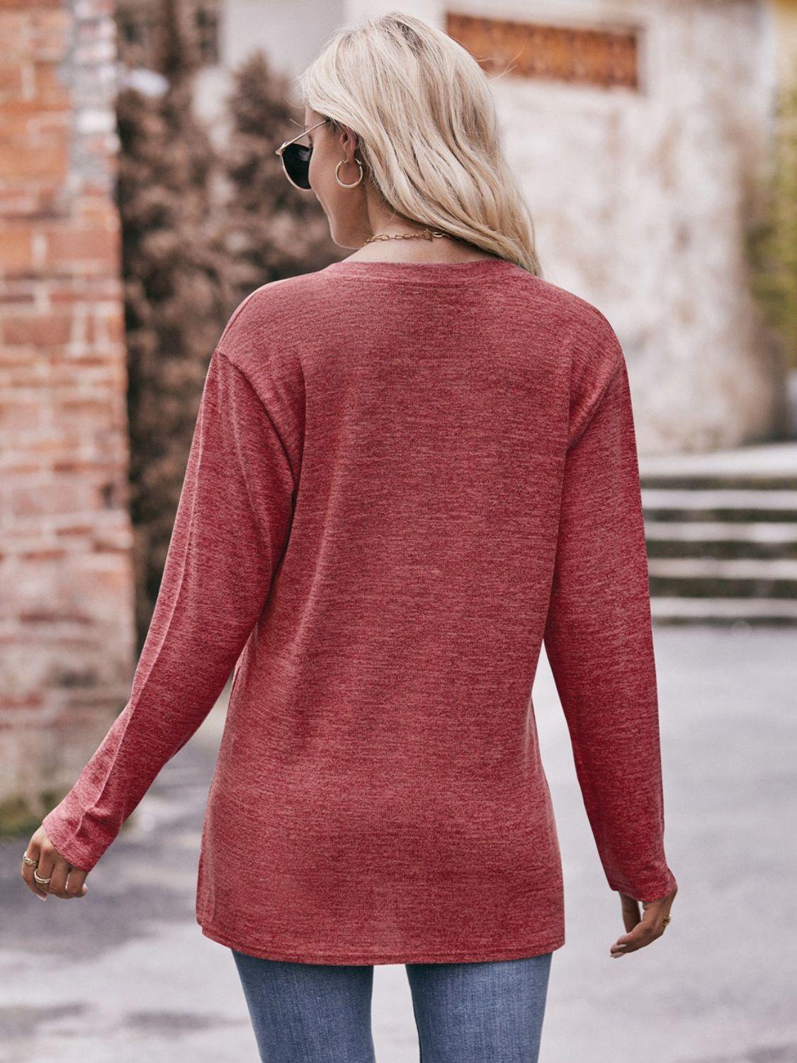 Double Take Buttoned Notched Neck Long Sleeve Top - Top