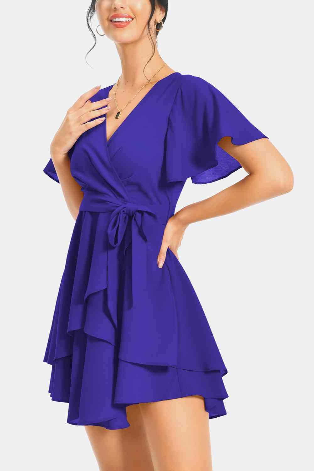 Surplice Neck Flutter Sleeve Mini Dress - Dresses