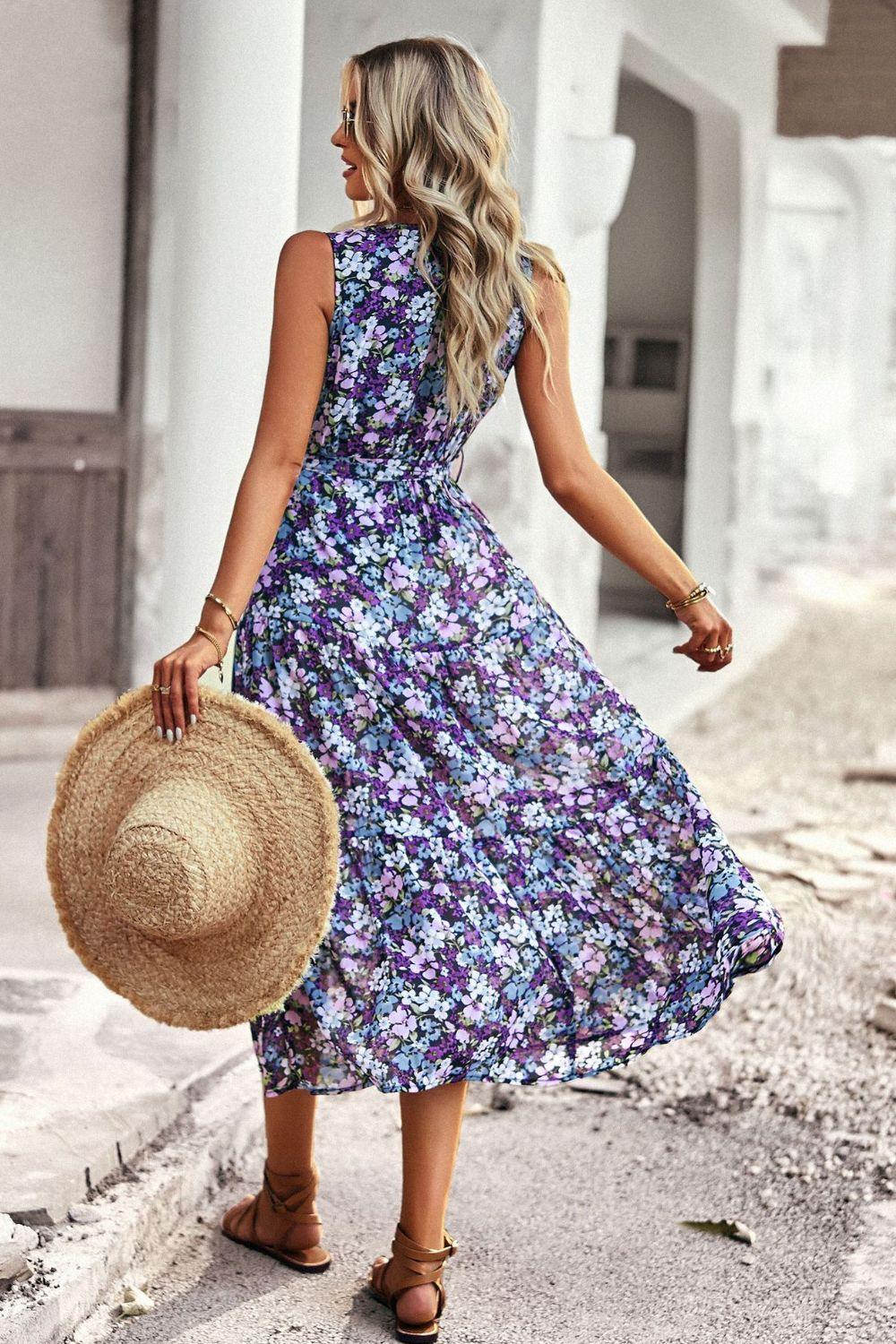 Floral Belted Surplice V-Neck Sleeveless Tiered Midi Dress - Dresses