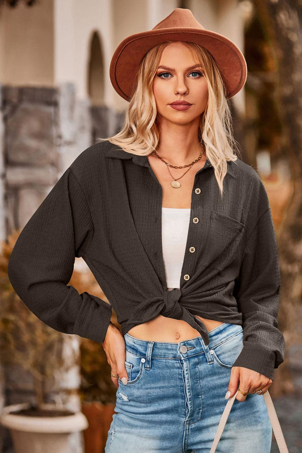 Twisted Collared Neck Long Sleeve Shirt - Shirt