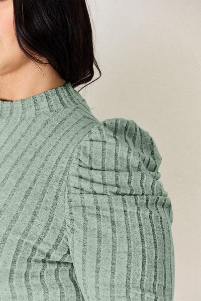 Basic Bae Full Size Ribbed Mock Neck Puff Sleeve Top - Top