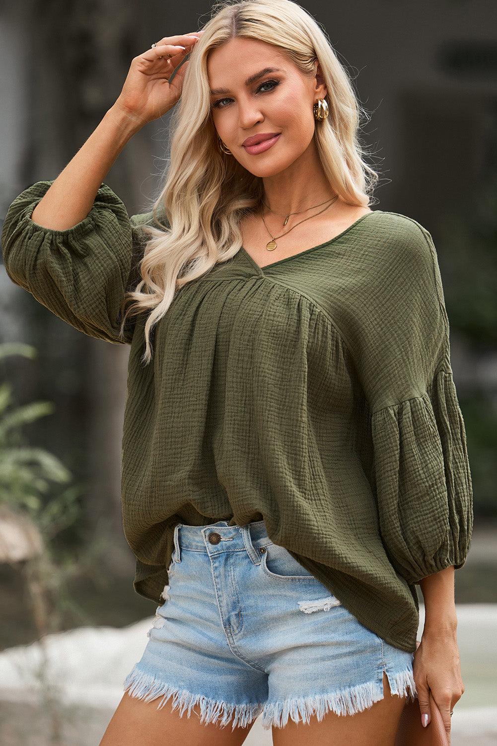 Dropped Shoulder V-Neck Long Peasant Sleeves Blouse - Blouse