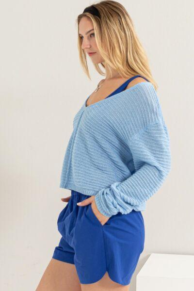 HYFVE V-Neck Stripe Texture Long Sleeve Top - Top