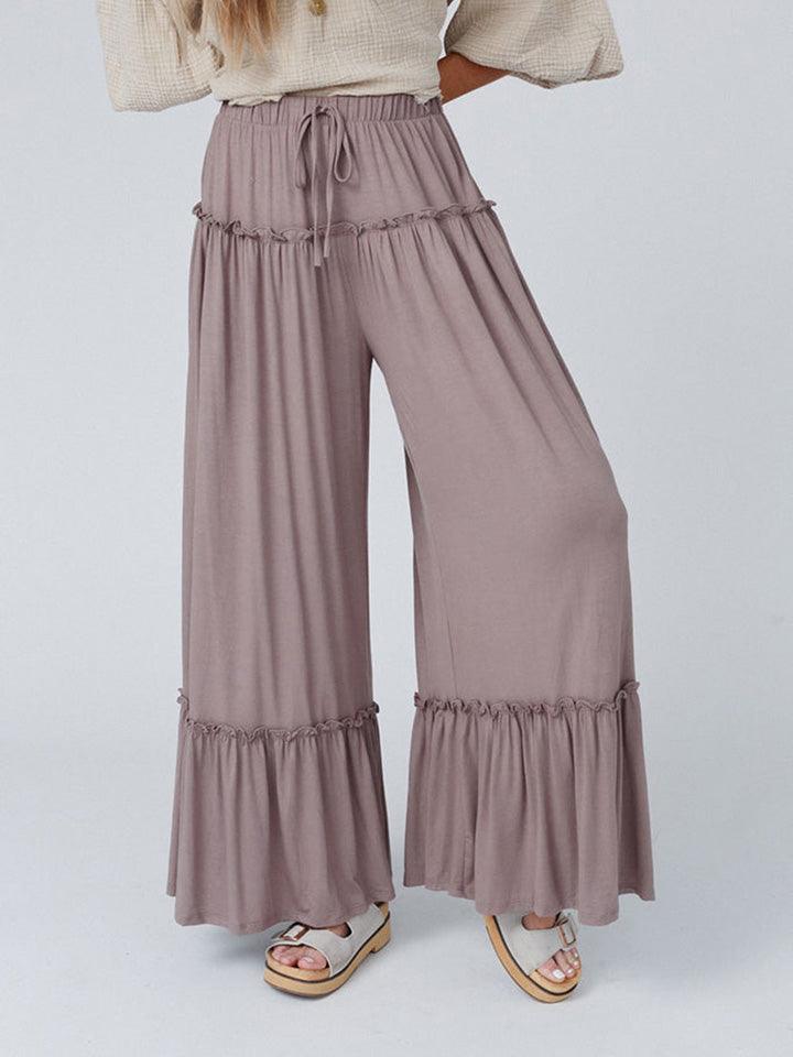 Ruffle Trim Drawstring High Waist Wide Leg Pants - Pant