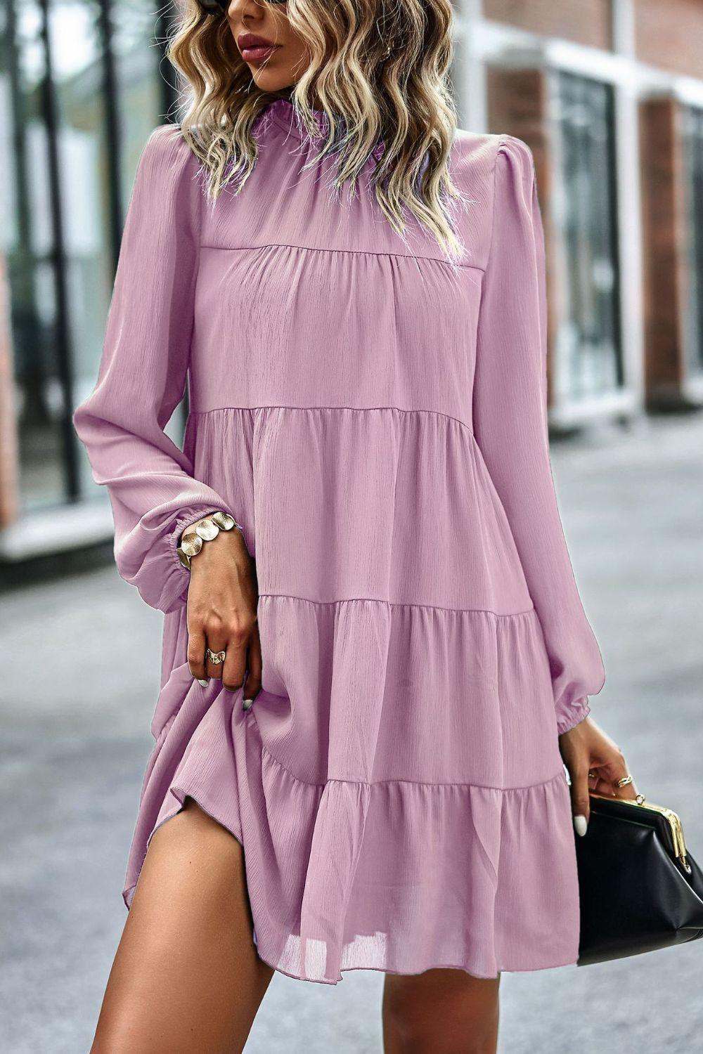 Tied Ruffle Collar Long Puff Sleeve Mini Dress - Dresses