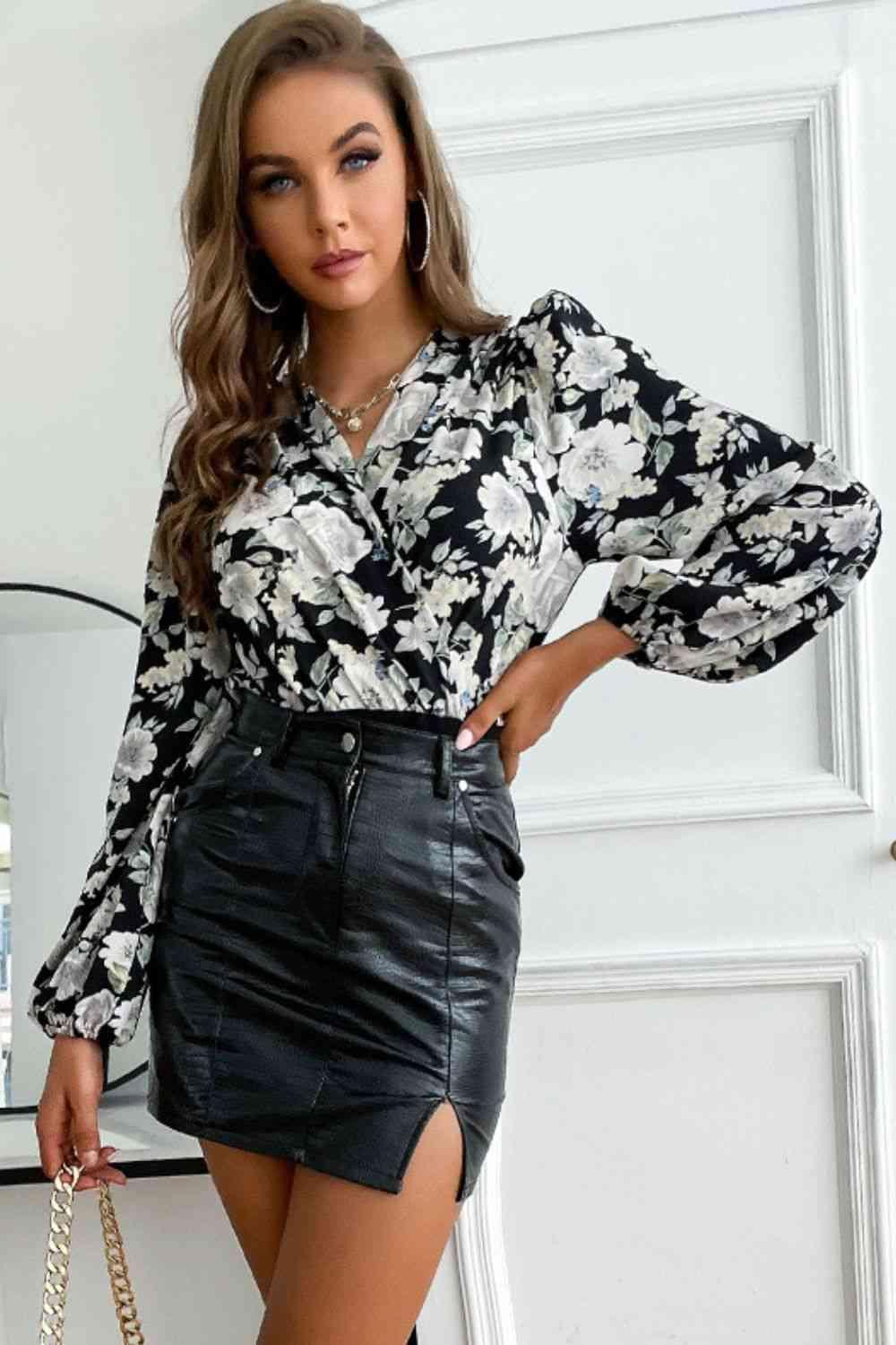 Floral Surplice Neck Puff Sleeve Bodysuit - Bodysuit