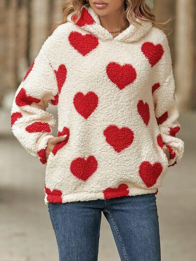 Fuzzy Heart Pocketed Hoodie - Hoodie