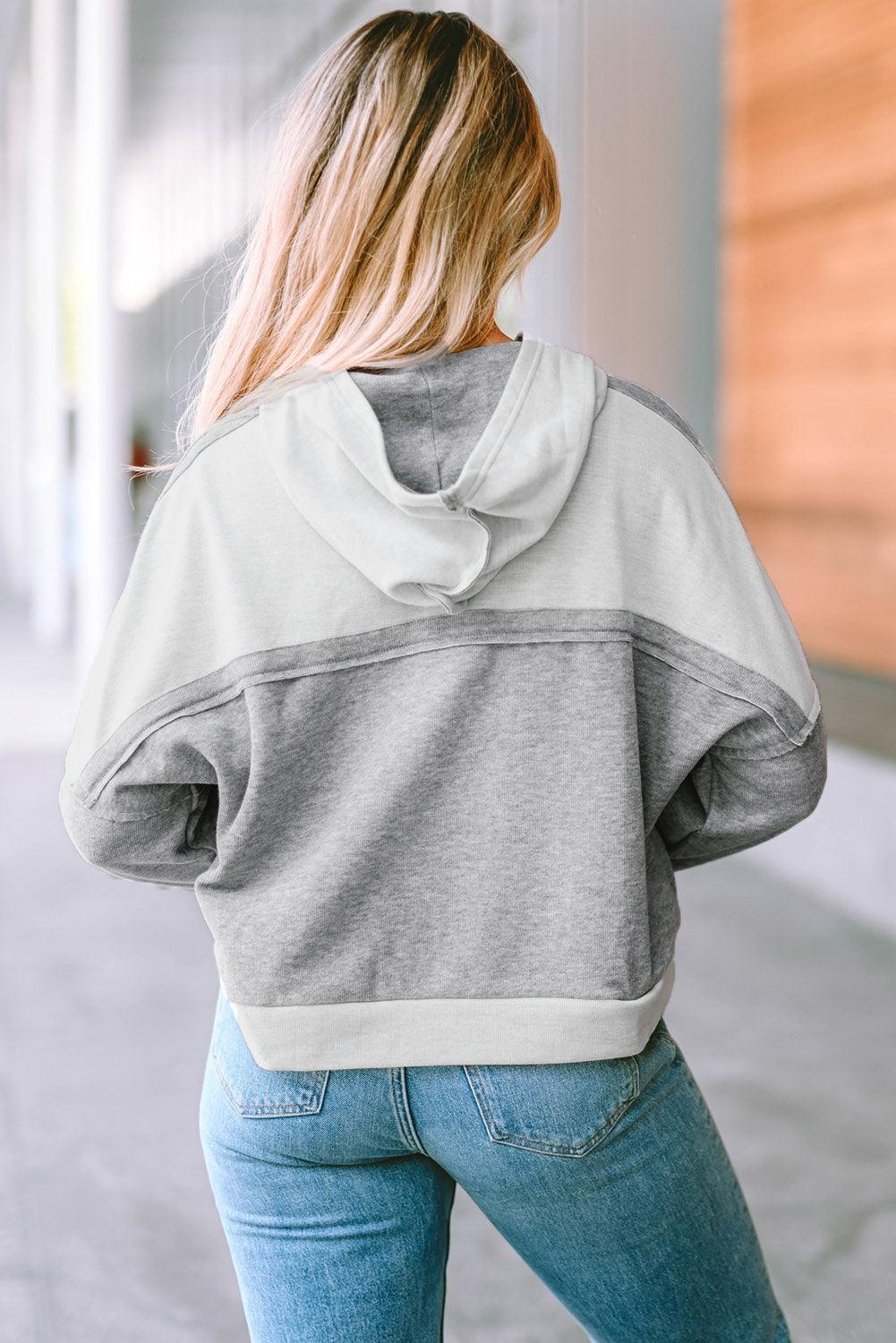 Quarter-Button Exposed Seam Dropped Shoulder Hoodie - Hoodie