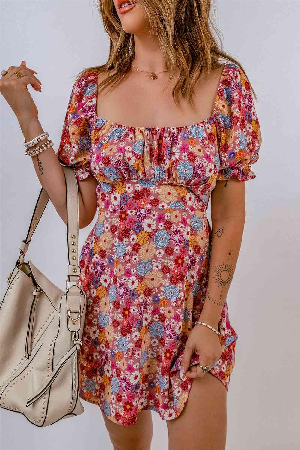 Floral Square Neck Open Back Mini Dress - Dresses