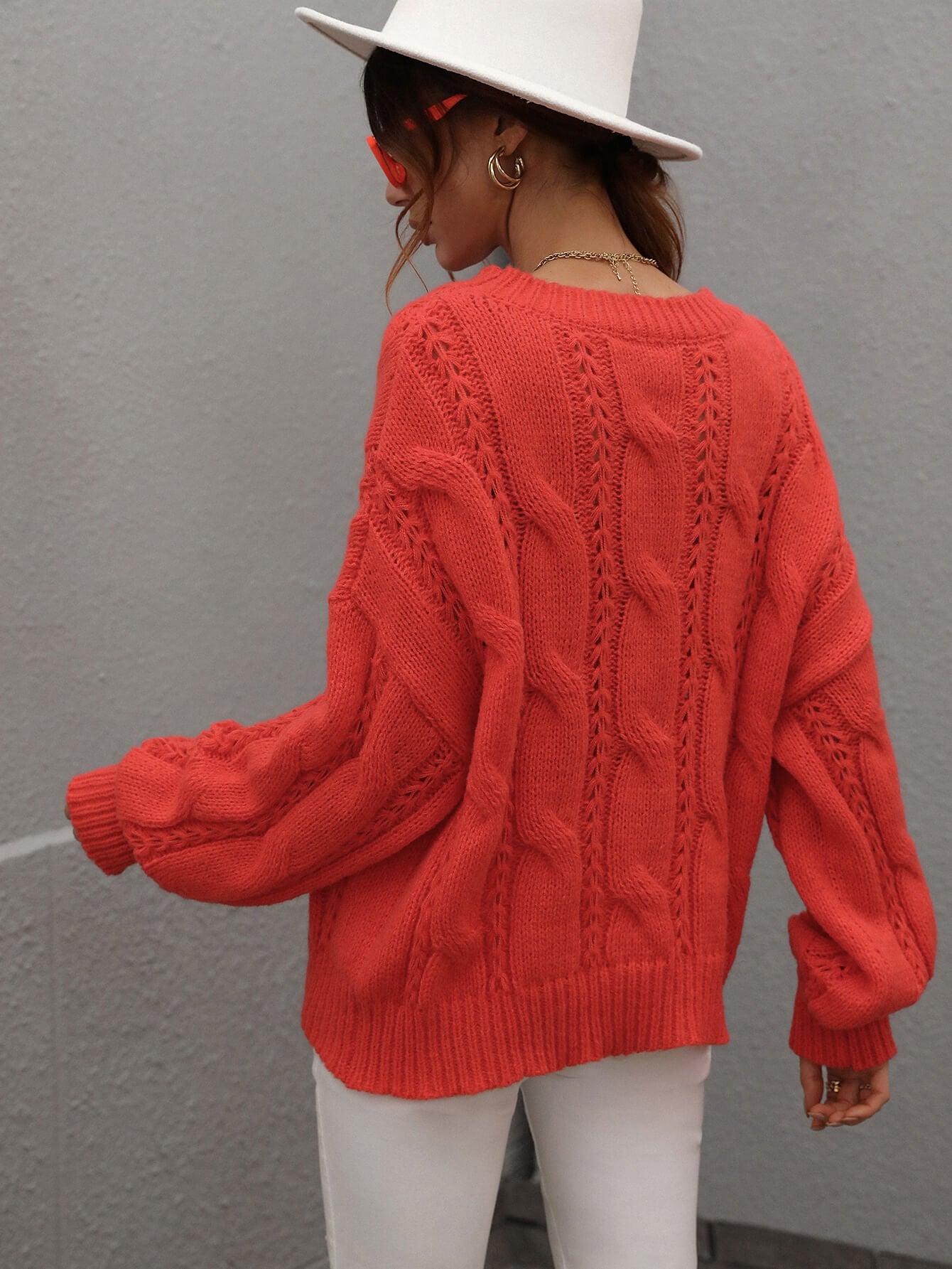 Woven Right Cable-Knit Openwork Round Neck Sweater - Sweater