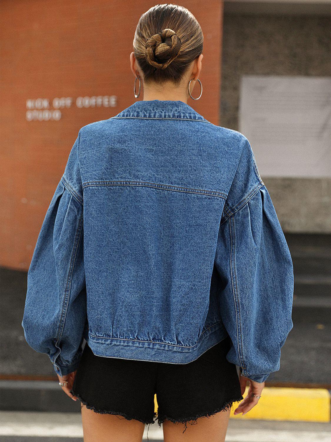 Dropped Shoulder Balloon Sleeve Denim Jacket - Jacket