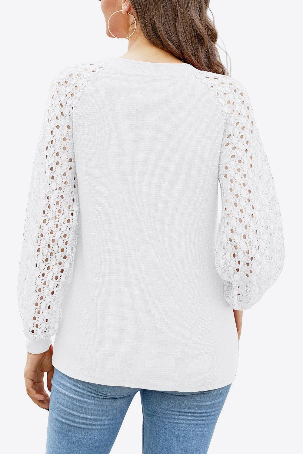 Eyelet Long Raglan Sleeve Round Neck Tee - Top