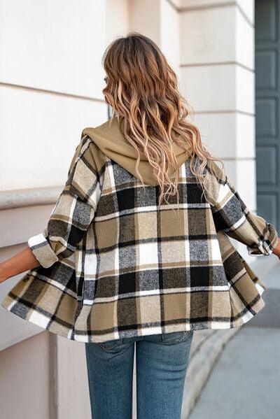 Button Up Plaid Hooded Shacket - Jacket