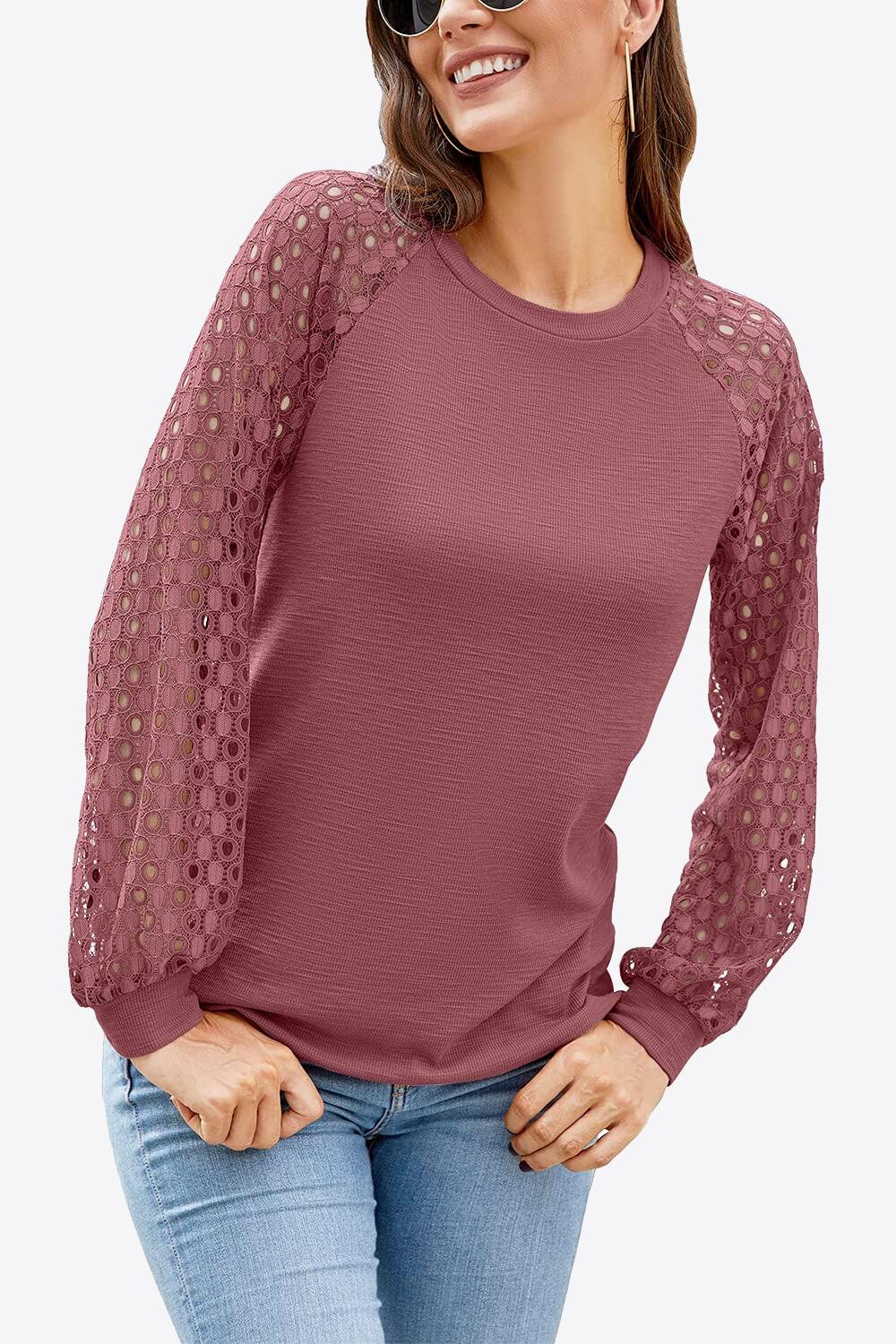 Eyelet Long Raglan Sleeve Round Neck Tee - Top