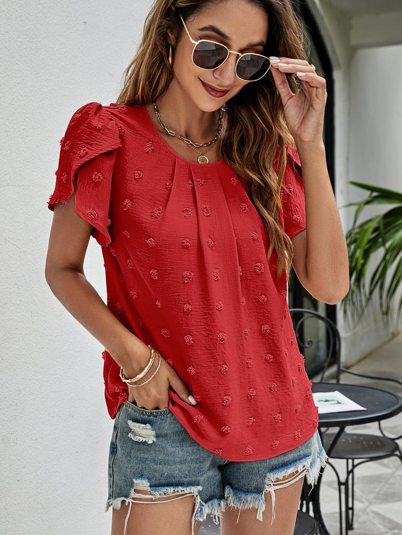 Swiss Dot Round Neck Petal Sleeve Top - Top