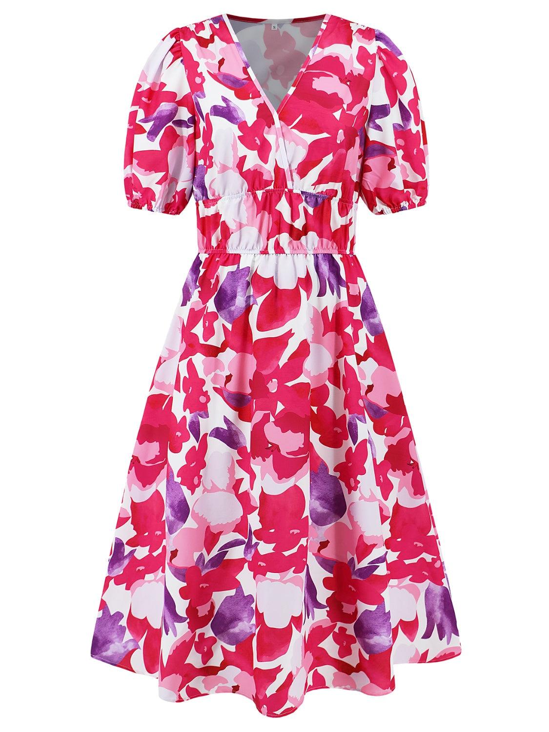 Ruched Floral Surplice Midi Dress - Dresses