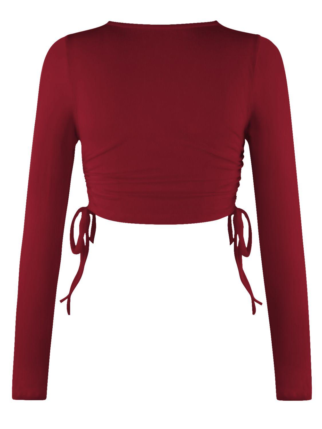 Cropped Drawstring Round Neck Long Sleeve Top - Top