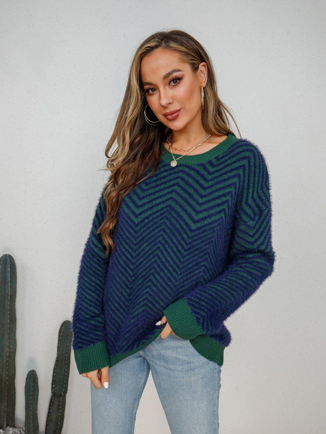 Plush Chevron Round Neck Sweater - Sweater