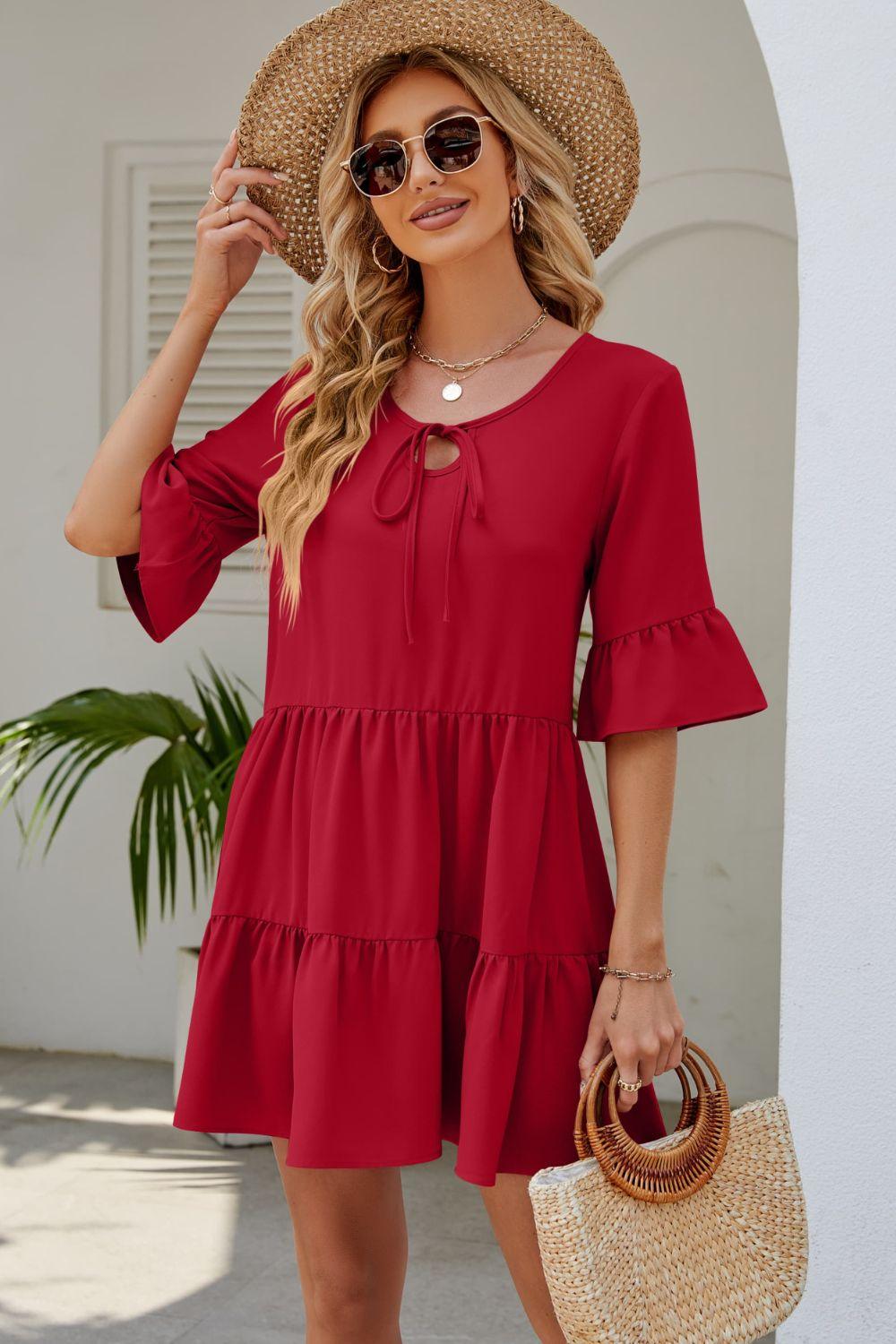 Tied Flounce Sleeve Tiered Mini Dress - Dresses