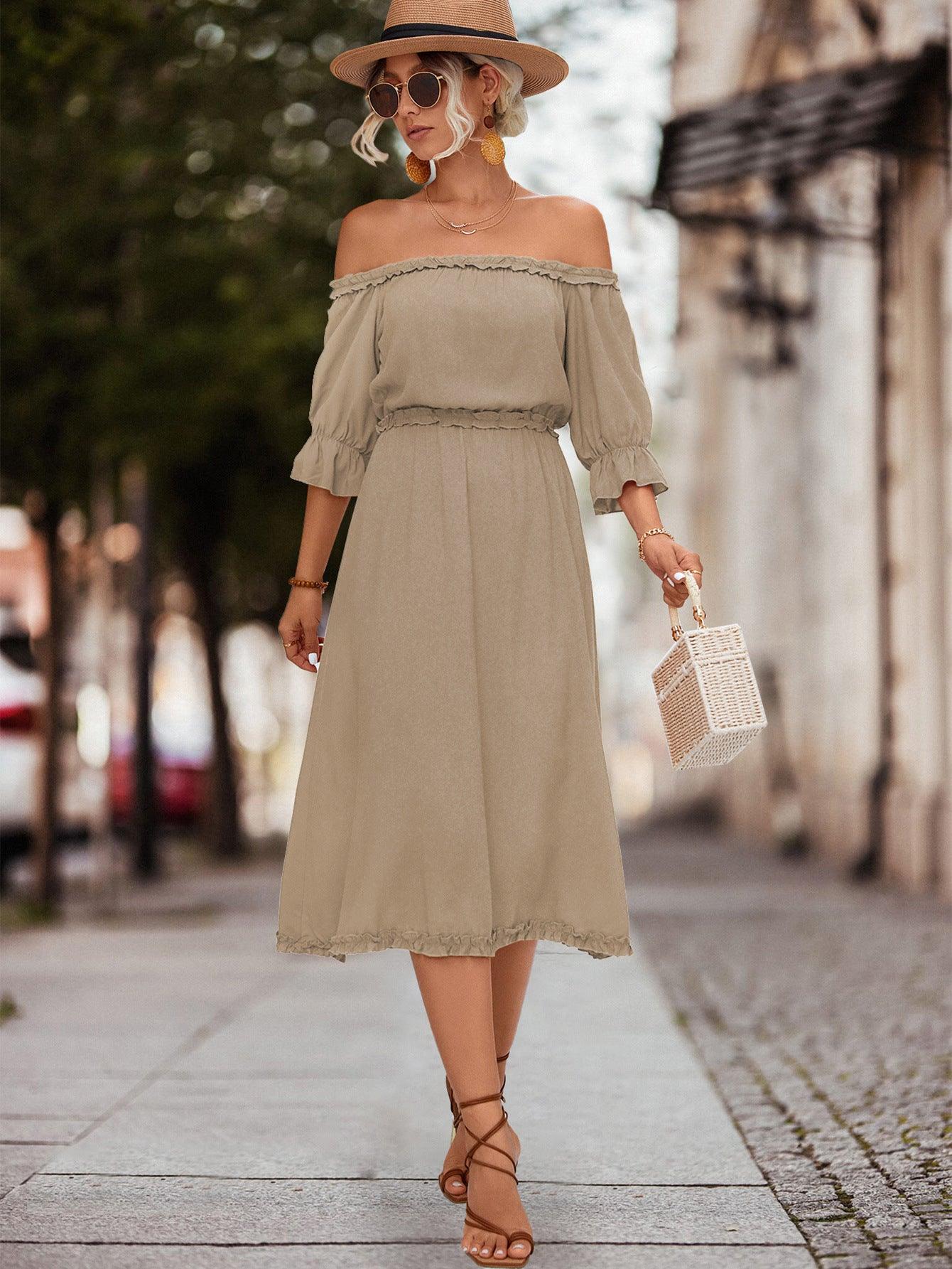 Frilled Off-Shoulder Flounce Sleeve Midi Dress - Dresses