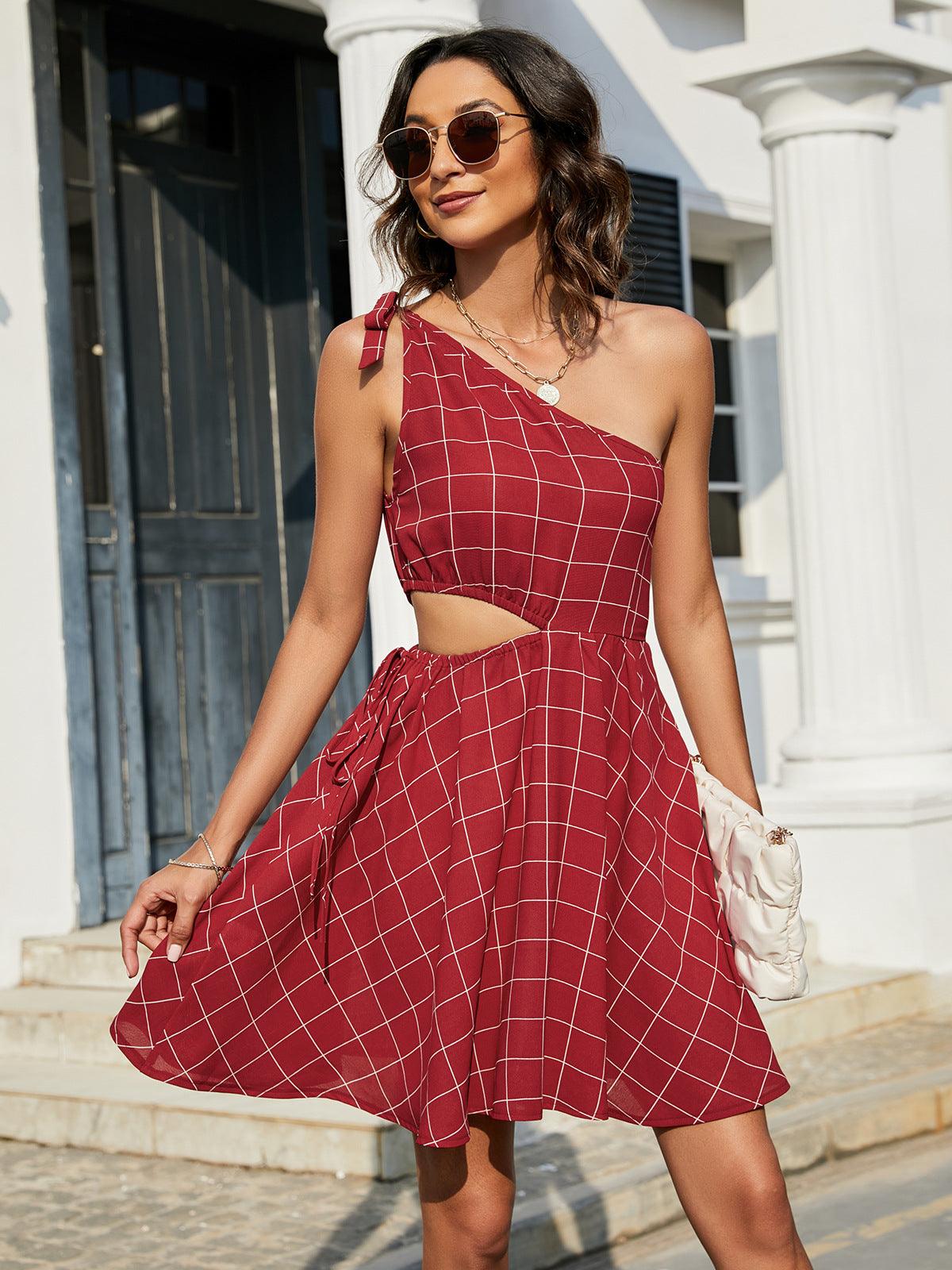 Plaid One-Shoulder Tied Cutout Mini Dress - Dresses