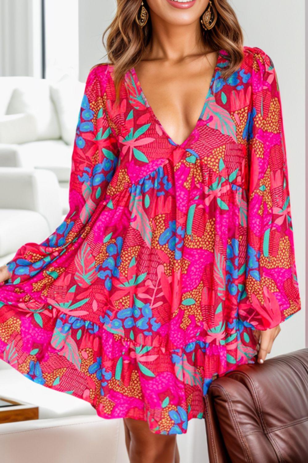 V-Neck Long Balloon Sleeve Mini Dress - Dresses