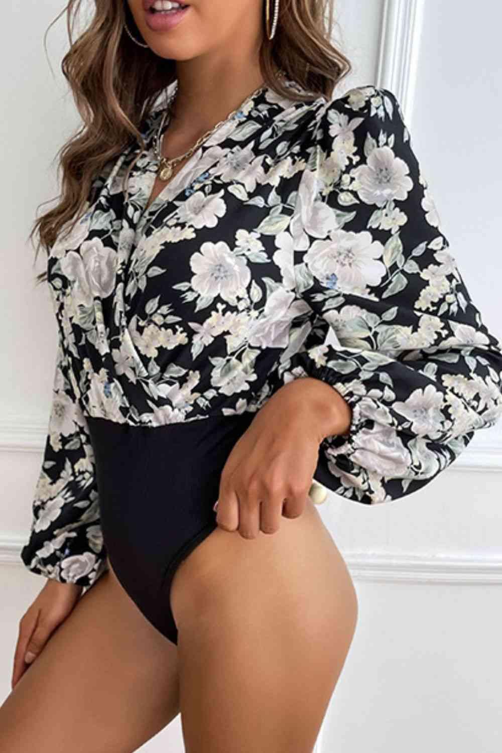 Floral Surplice Neck Puff Sleeve Bodysuit - Bodysuit