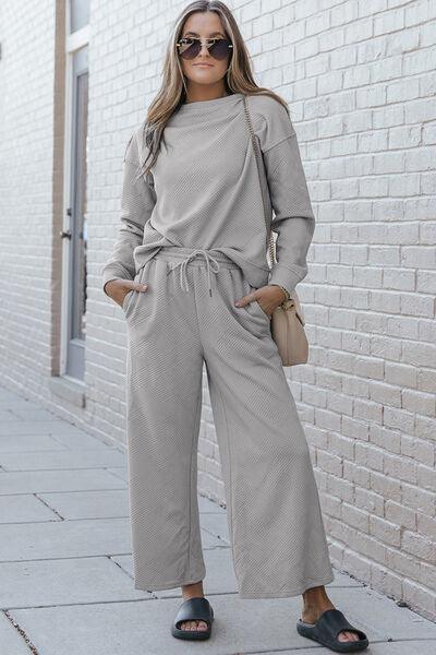 Double Take Textured Top and Wide Legs Pants Set - Pant & Top