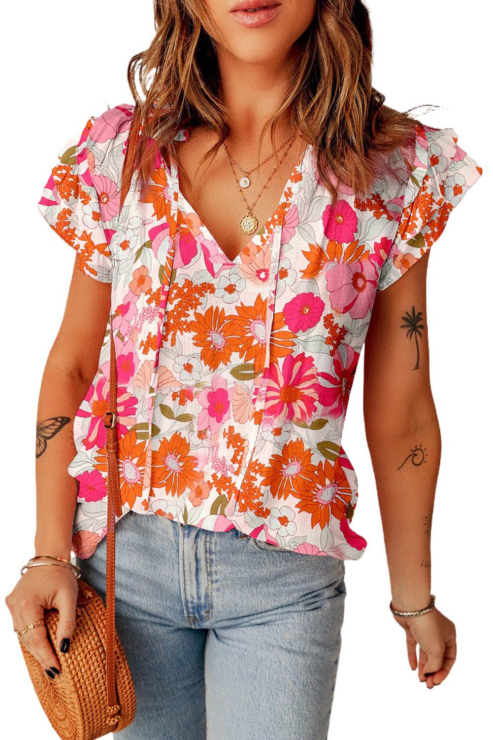 Floral Tie V-Neck Short Flutter Sleeve Top - Top