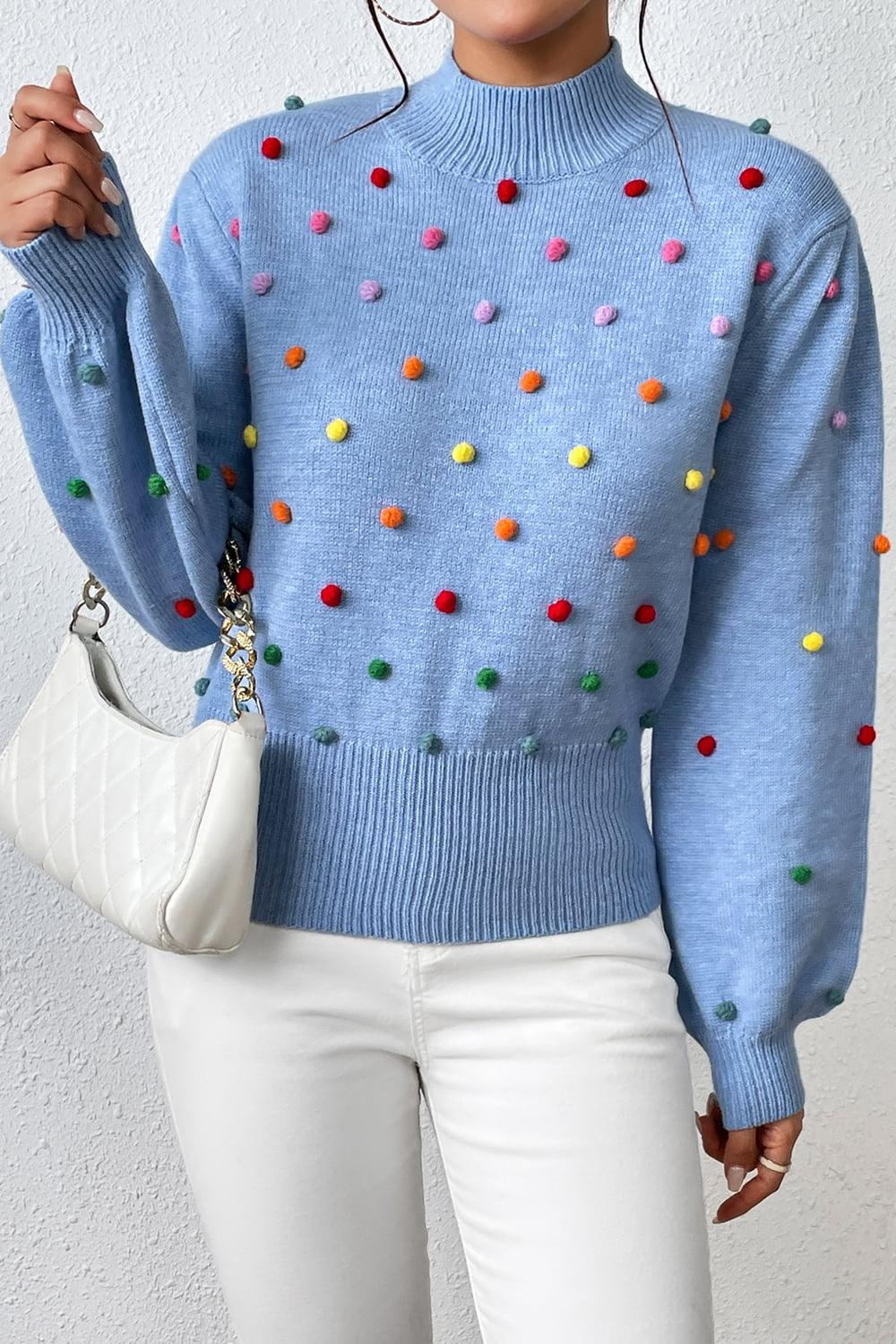 Pom-Pom Trim Mock Neck Long Sleeve Pullover Sweater - Sweater