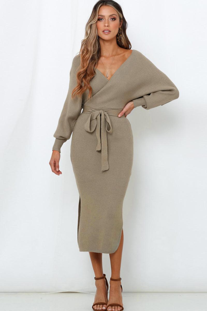 Surplice Neck Bow Waist Slit Sweater Dress - Dresses