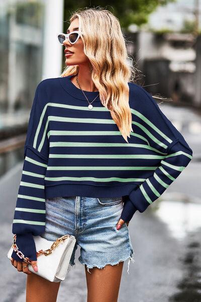 Striped Cropped Pullover Sweater - Sweater